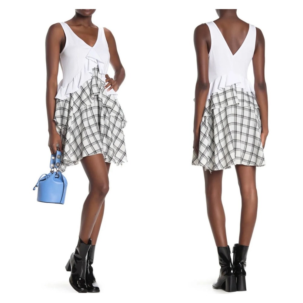 OPENING CEREMONY Dress Womens Small White Black Sleeve Plaid Ruffle Skater NWT - Picture 1 of 16